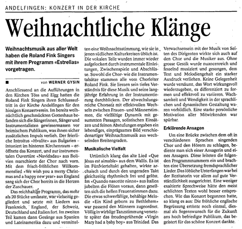 Pressestimme: Konzert der Roland Fink Singers in der Kirche Andelfingen